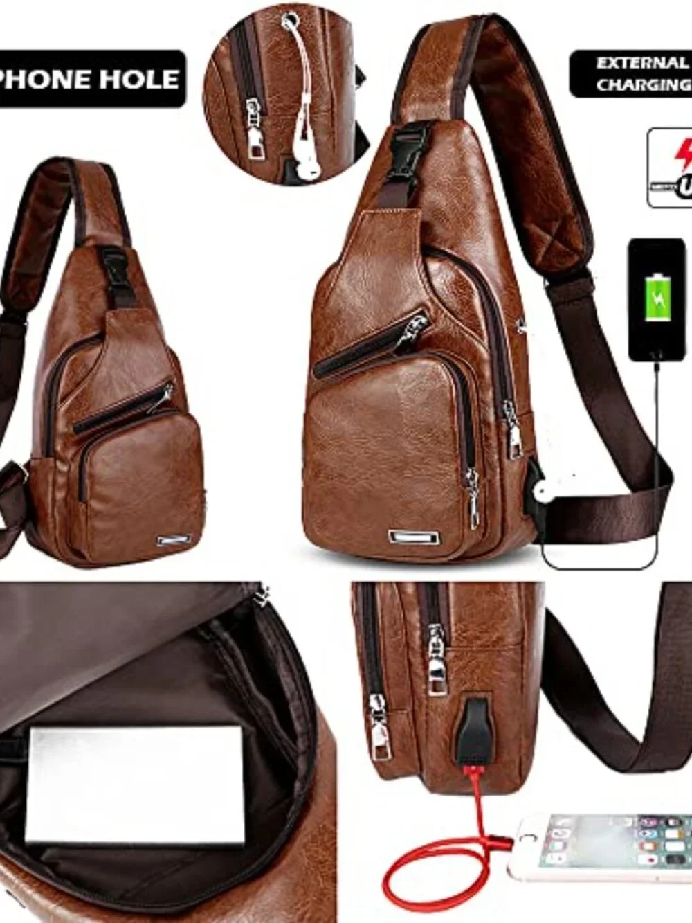 PU Leather Sling Bag Crossbody Backpack with USB Charging Port
